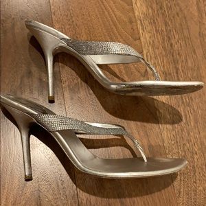 Rene Caovilla silver rhinestone thong heels